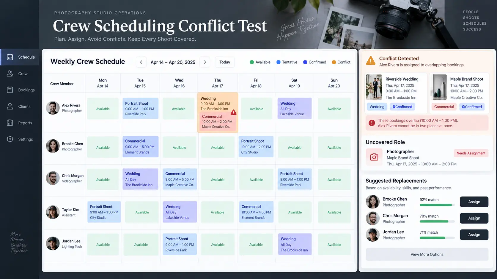 Photography crew scheduling dashboard showing overlapping shoot assignments, photographer availability and a staffing conflict.