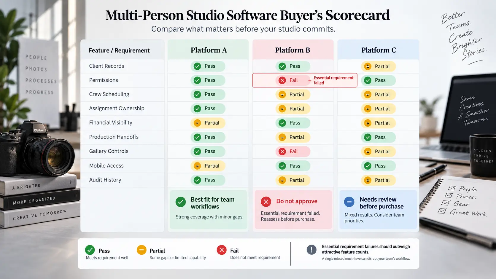 Photography studio management software comparison scorecard evaluating team permissions, scheduling, handoffs, financial visibility and mobile access.